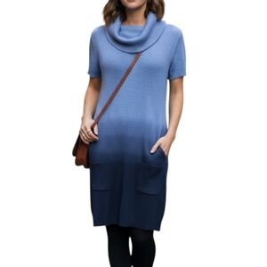 INC Cowl Neck Sweater Dress Ombré Boho Pockets Sz XL Short Sleeve Ribbed Soft